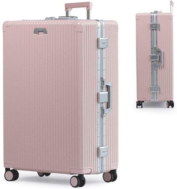 Nobl Travel Zipperless Check In Suitcase - Aluminum Frame, Check in luggage 28x17x11 Airline Approved by Noble Travel - Unbreakable Polycarbonate Shell - Dual TSA Locks, 360° Spinner Wheels - Pink
