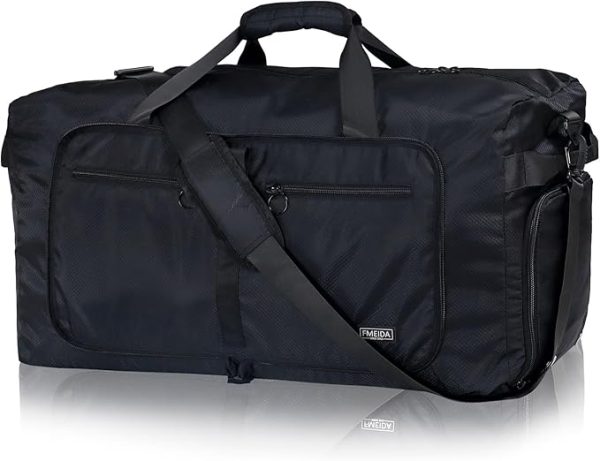 Fmeida 65L Duffle Bag with Shoes Compartment, Foldable Travel Duffel Bags for Men Women, Large Packable Travel Bag Water Repellent & Tear Resistant (Black) - Image 2