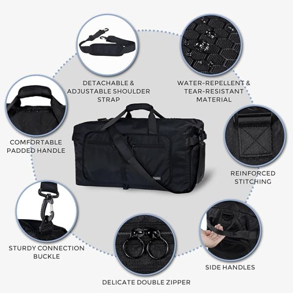 Fmeida 65L Duffle Bag with Shoes Compartment, Foldable Travel Duffel Bags for Men Women, Large Packable Travel Bag Water Repellent & Tear Resistant (Black) - Image 3