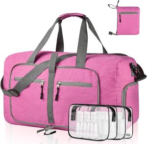 Dimayar 40L Travel Duffle Bag with Toiletry Bags - Foldable Duffel Bag with Shoes Compartment - Overnight Bags Waterproof & Tear Resistant(40L,RougePink + two toiletry bags)