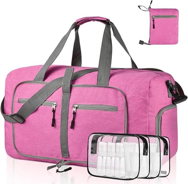 Dimayar 40L Travel Duffle Bag with Toiletry Bags - Foldable Duffel Bag with Shoes Compartment - Overnight Bags Waterproof & Tear Resistant(40L,RougePink + two toiletry bags)